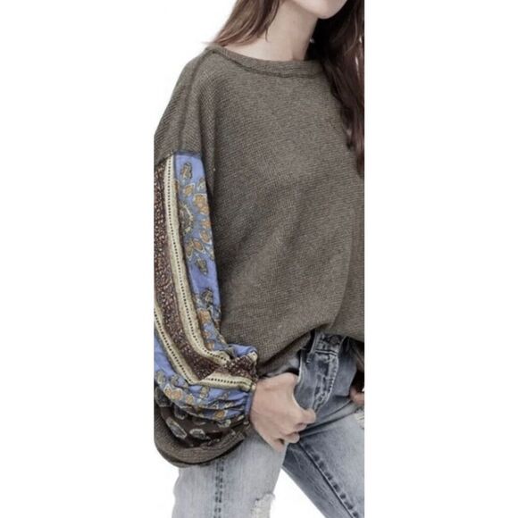 Free People We The Free Blossom Thermal Boho Patchwork  Balloon Sleeves Tunic L - Picture 1 of 11